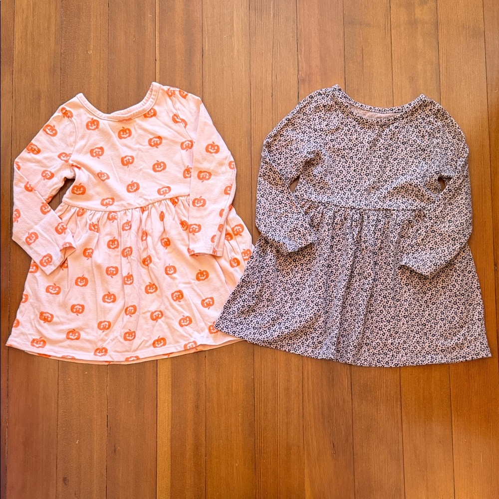 Cat & Jack Pink Pumpkin Print and Brown Floral Long-Sleeve Casual Dresses